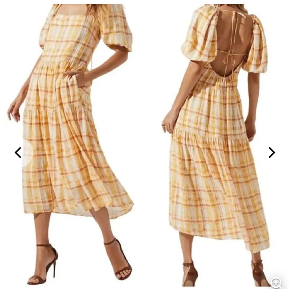 ASTR 🔥NEW🔥NWT Ilana Plaid Midi Dress Puff Sleeve Tiered Tie Back dress Medium
